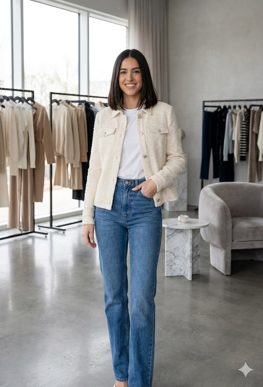 NED Kurze Jacke aus Lurex Tweed im Chanel Style – Beige