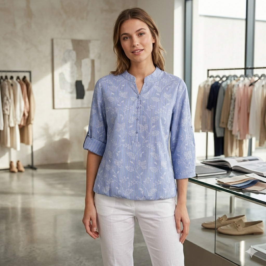 Streifen Bluse mit 3/4 Arm und Stickerei