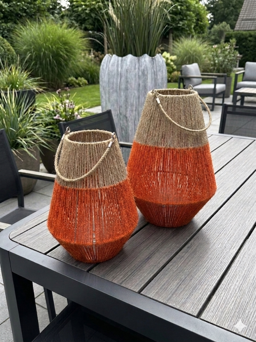 Windlicht Laterne orange Jute –2 Größen erhältlich– Stilvolle Deko von VAN DER LEEDEN