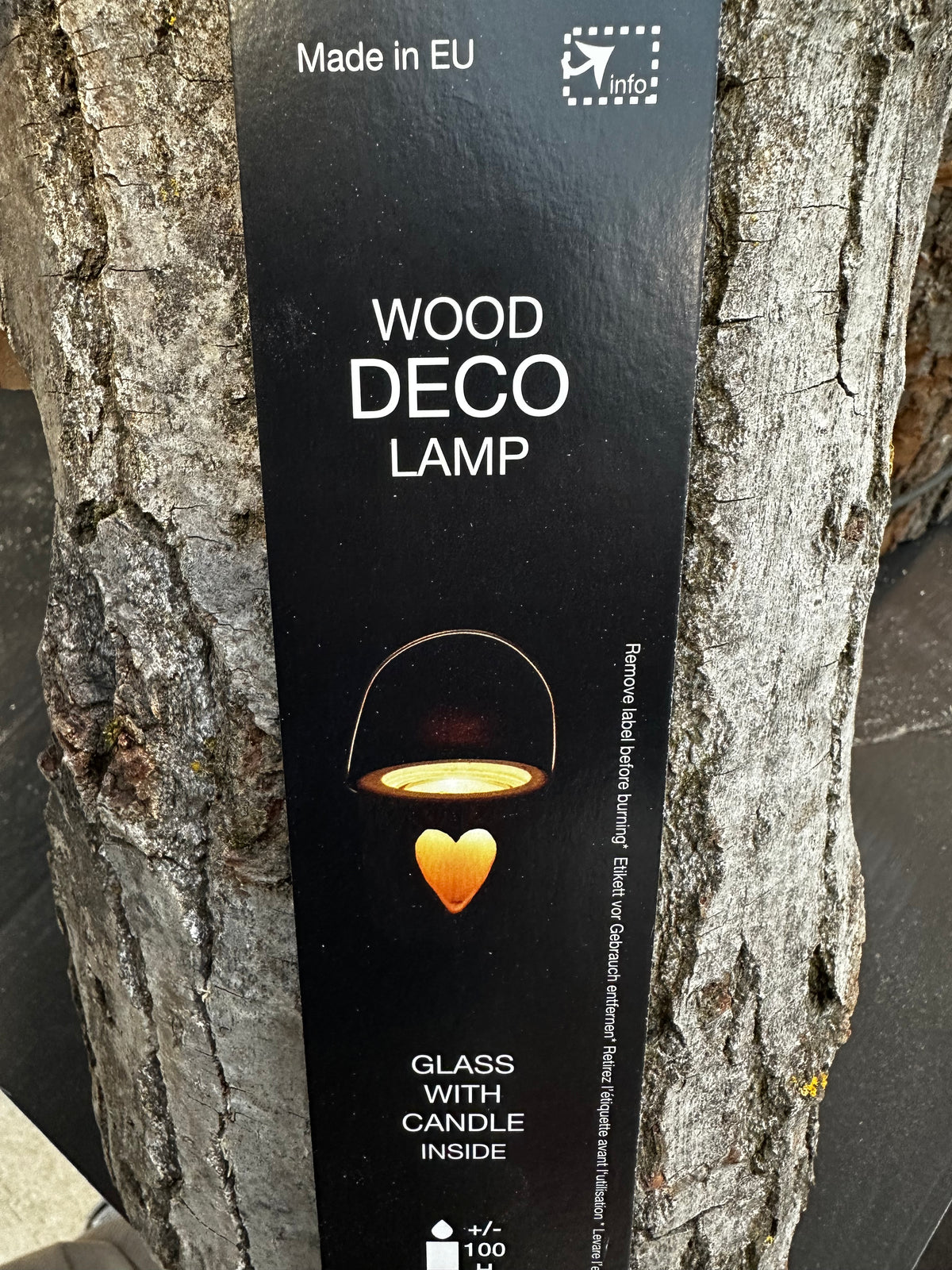 Echtholz-Windlicht mit Produktetikett Wood Deco Lamp