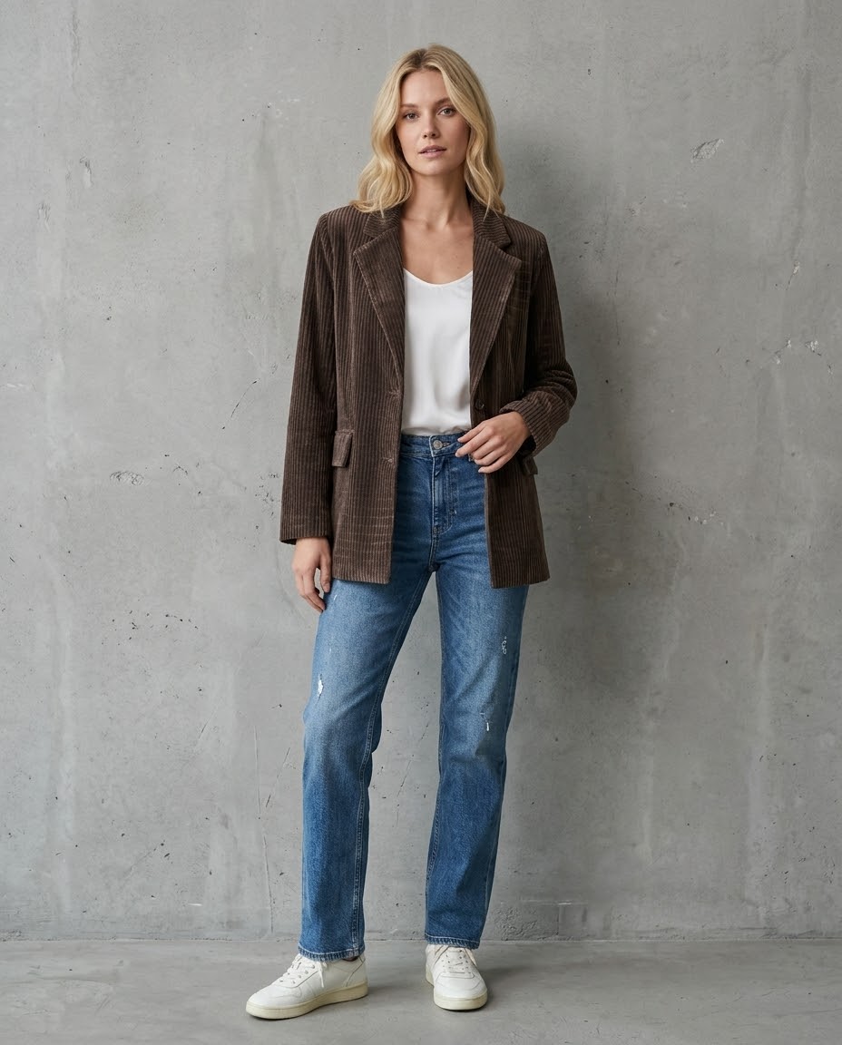Damen-Cordblazer in Braun mit zwei Knöpfen, One Size, Ansicht 2