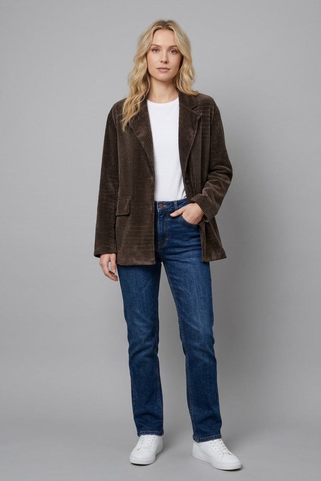 Damen-Cordblazer in Braun mit zwei Knöpfen, One Size, Ansicht 1