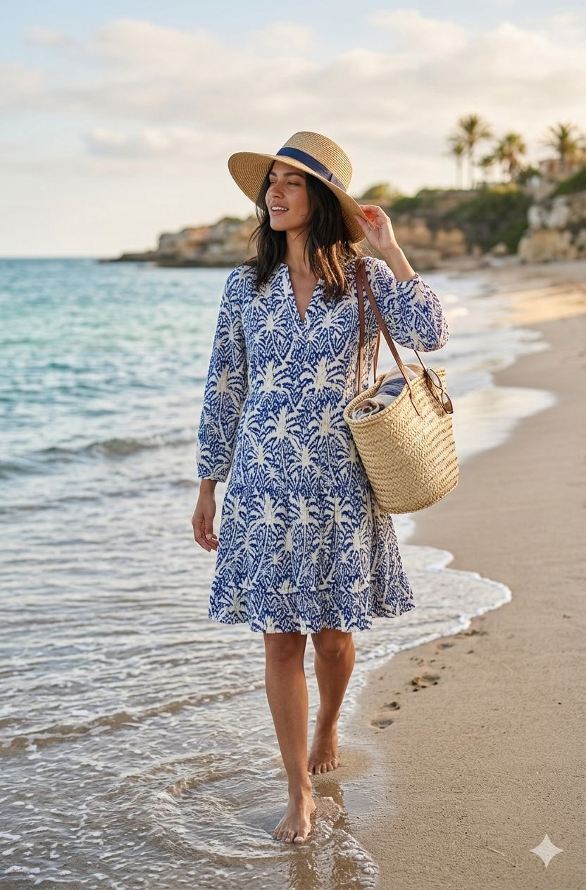 Gemustertes Sommerkleid – Leichtes, Luftiges Kleid blau weiß, für Alltag und Urlaub