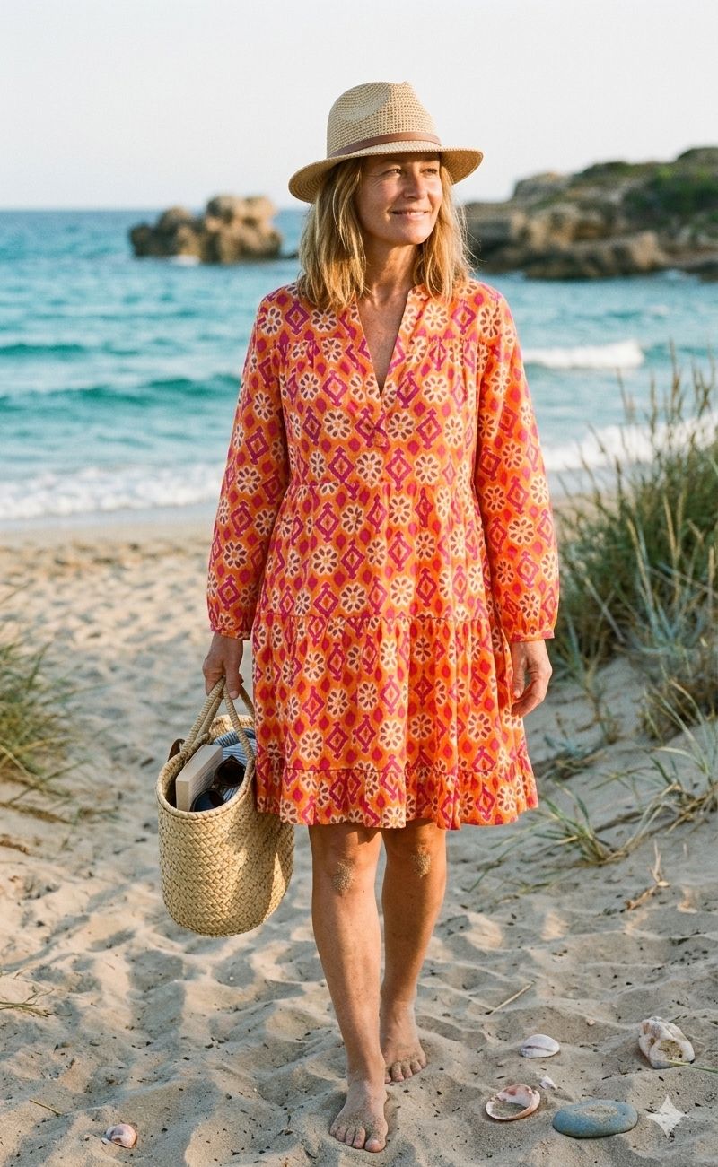 Gemustertes Sommerkleid – Leichtes, Luftiges Kleid orange gemustert, für Alltag und Urlaub