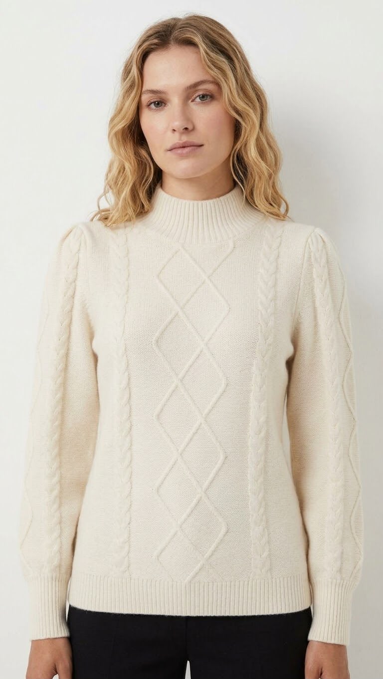 NED Dutch Fashion Damen Design Pullover Lindas – Creme mit Zopfmuster