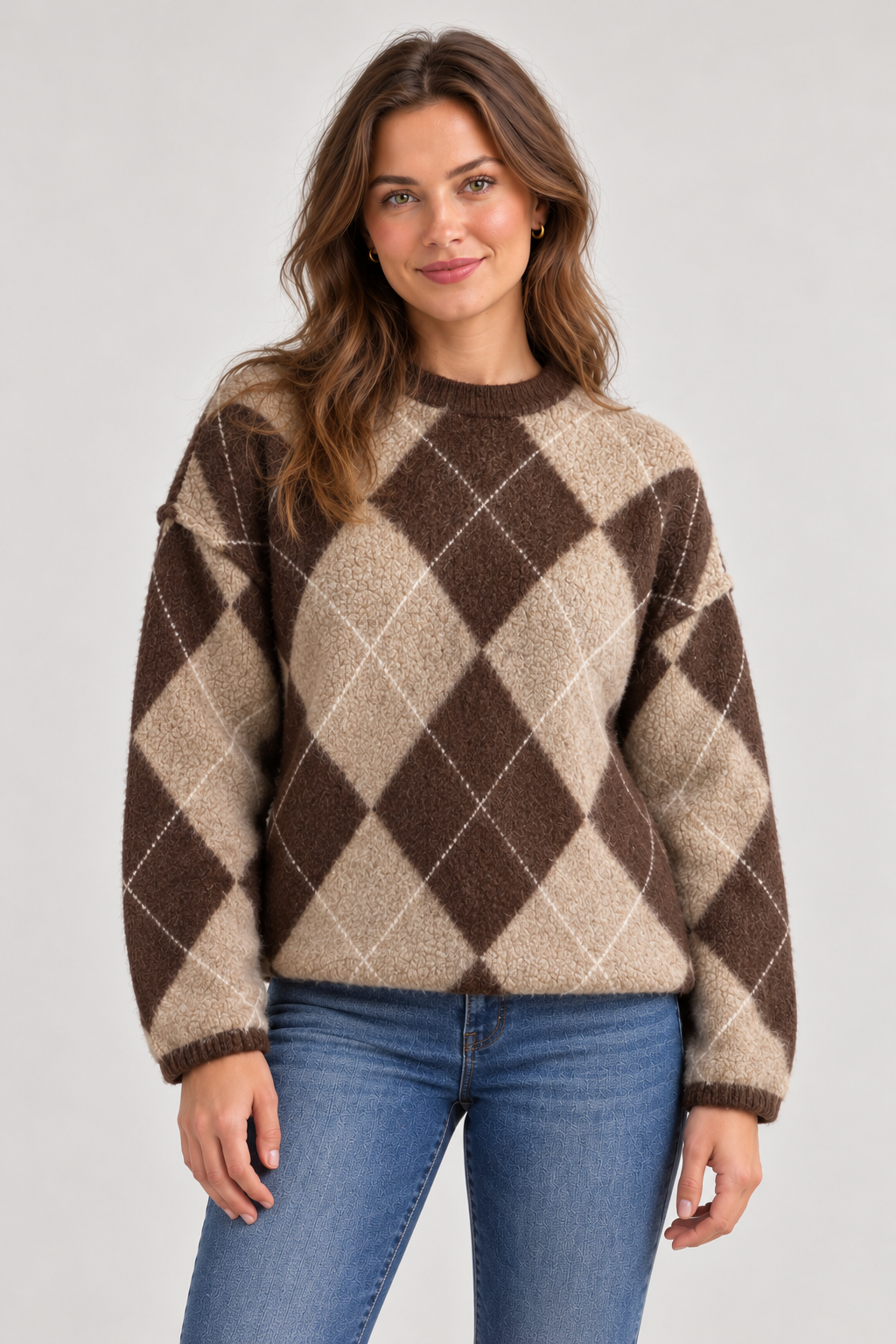 Rundhals Rauten Damen Pullover Cashmere Wolle one size – Studioansicht Braun