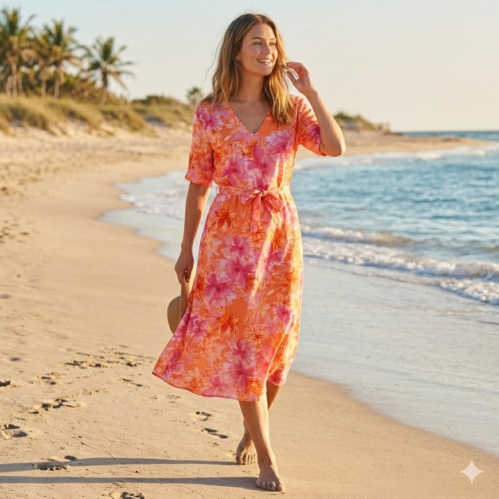 Damen Kleid aus Viskose & Leinen – Halbarm Sommerkleid in normaler Passform