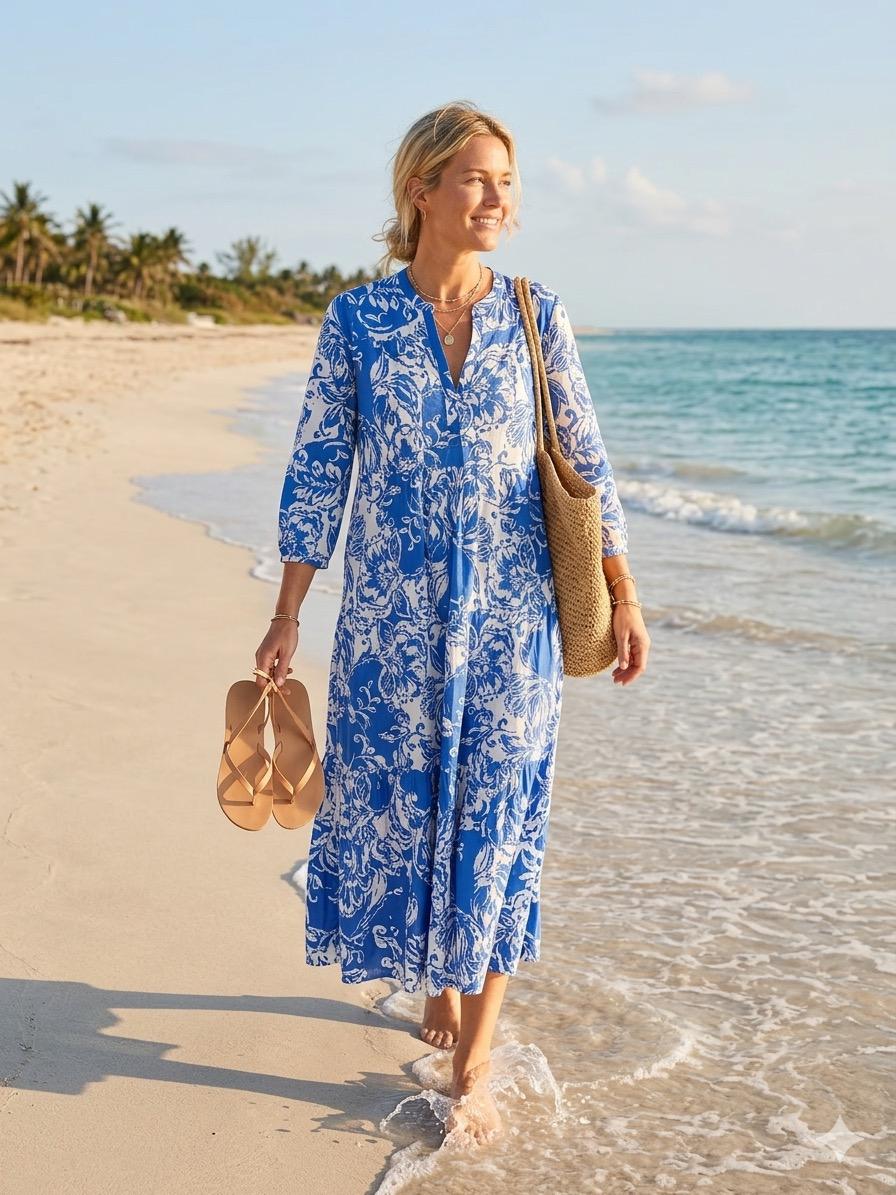 Gemustertes Sommerkleid – Leichtes, Luftiges Kleid blau weiß Made in France