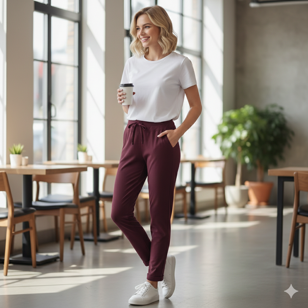 Enjoy Damen Travel Stretch Schlupfhose mit elastischem Bund, bordeaux rot