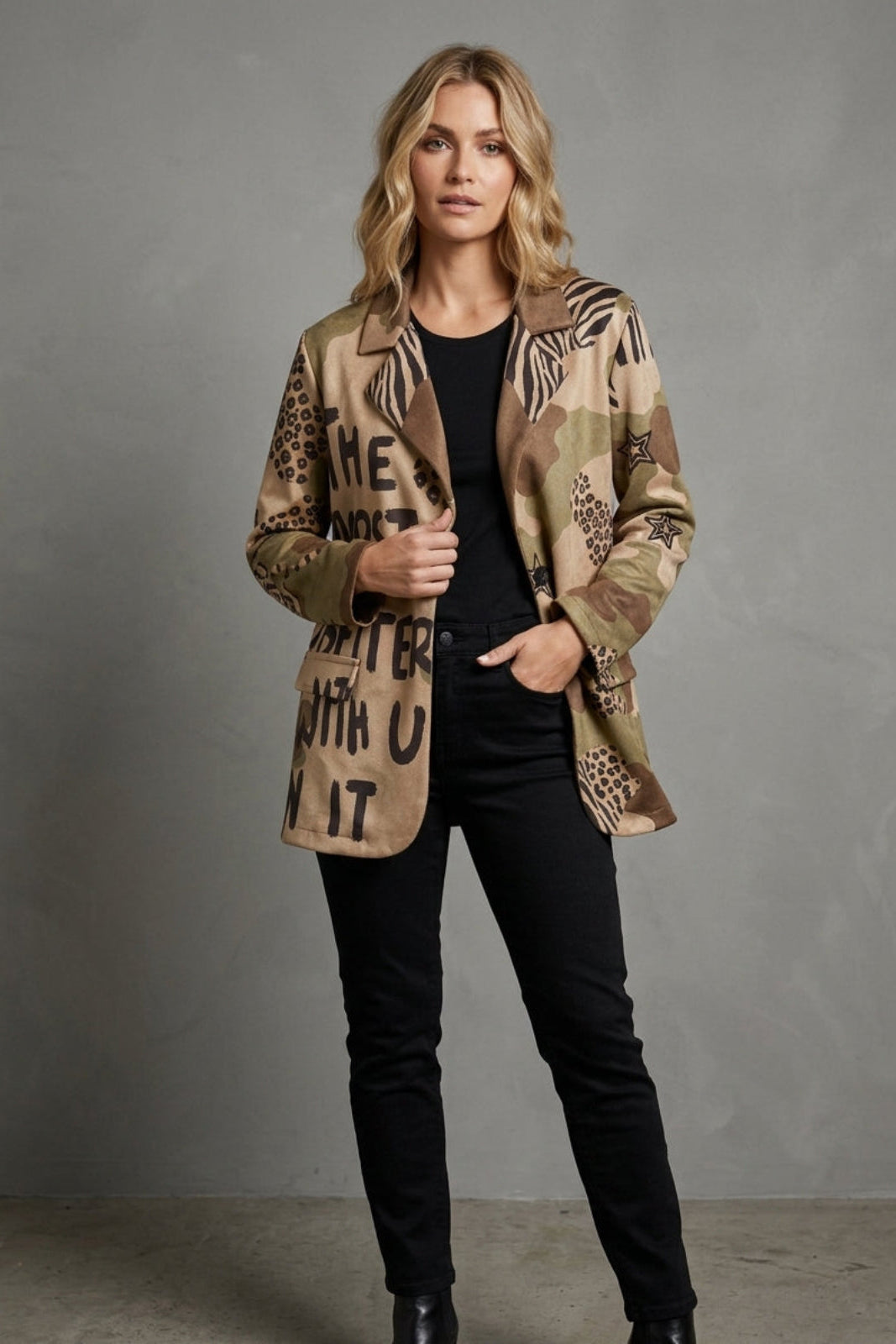 Damen Blazer Design Print beige oliv one size