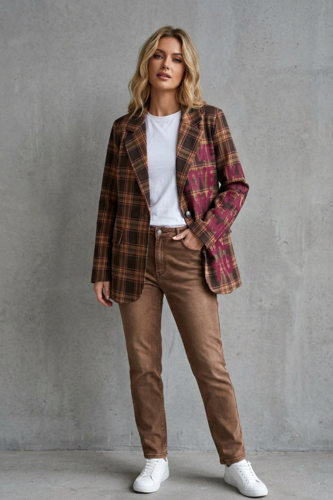 Damen Blazer kariert mit Buchstaben Print braun gemustert one size