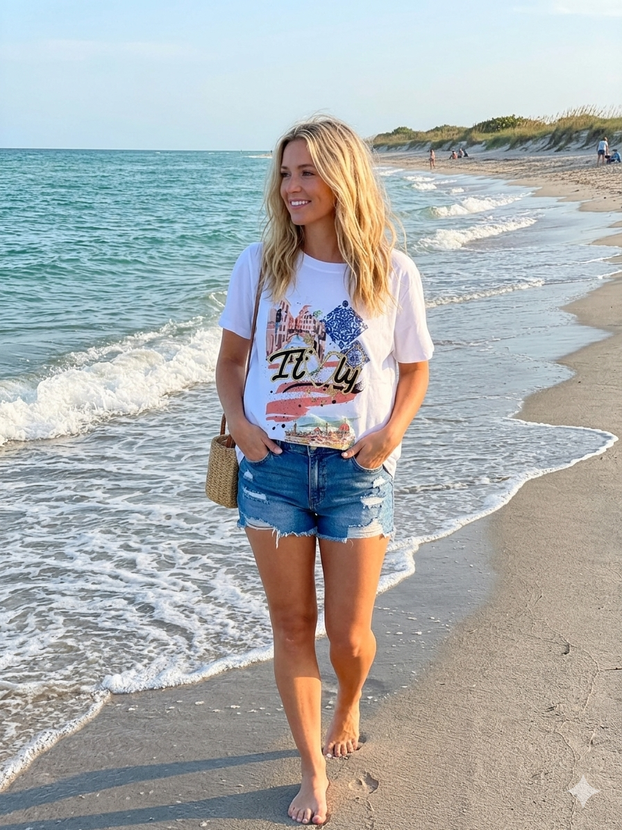 Sommerliches Shirt mit Print – One Size (34–40) aus Baumwolle & Elasthan | Made in Italy