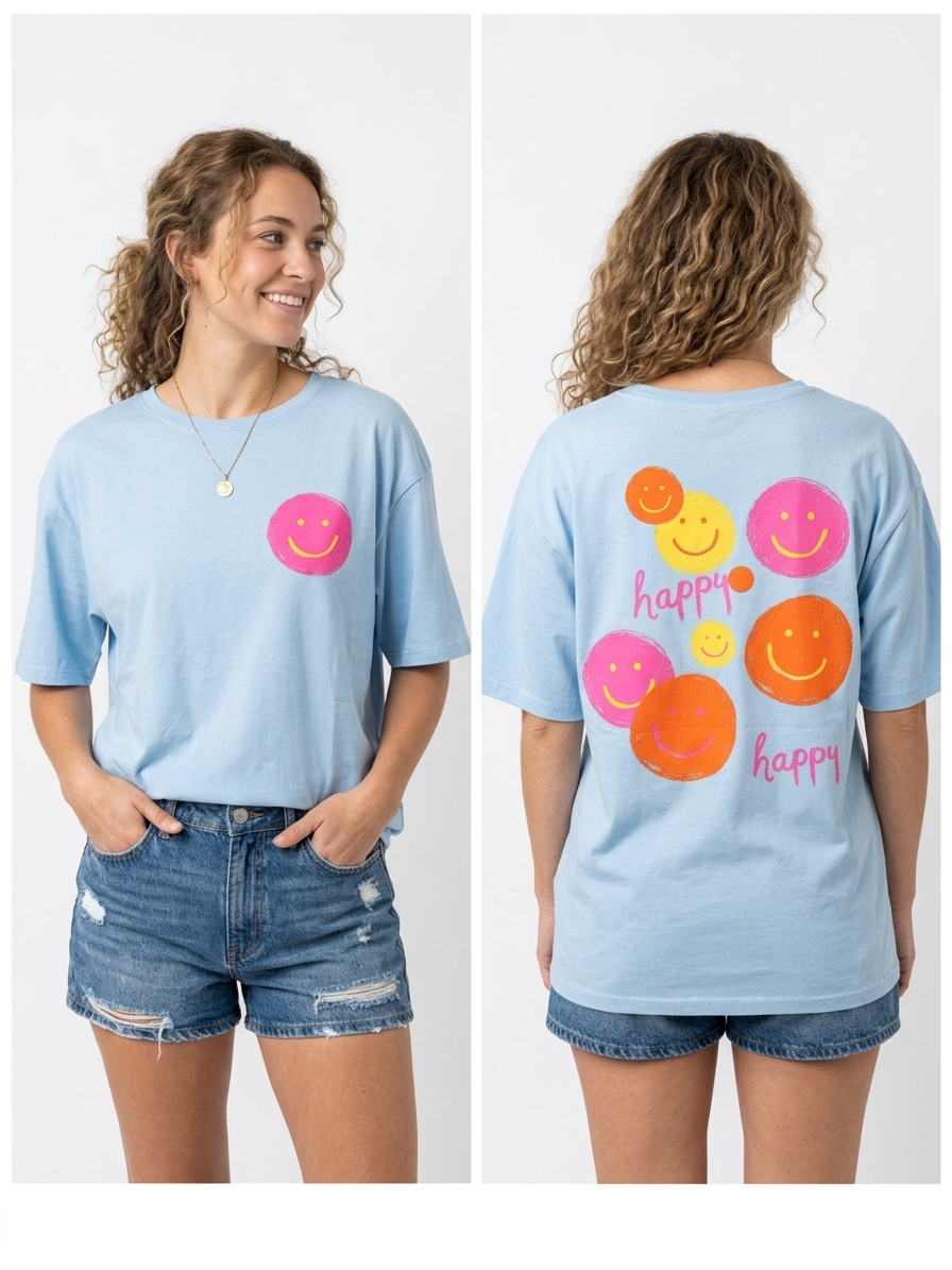 Sommerliches Shirt mit Smilie – One Size (34–40) aus Baumwolle & Elasthan | Made in Italy