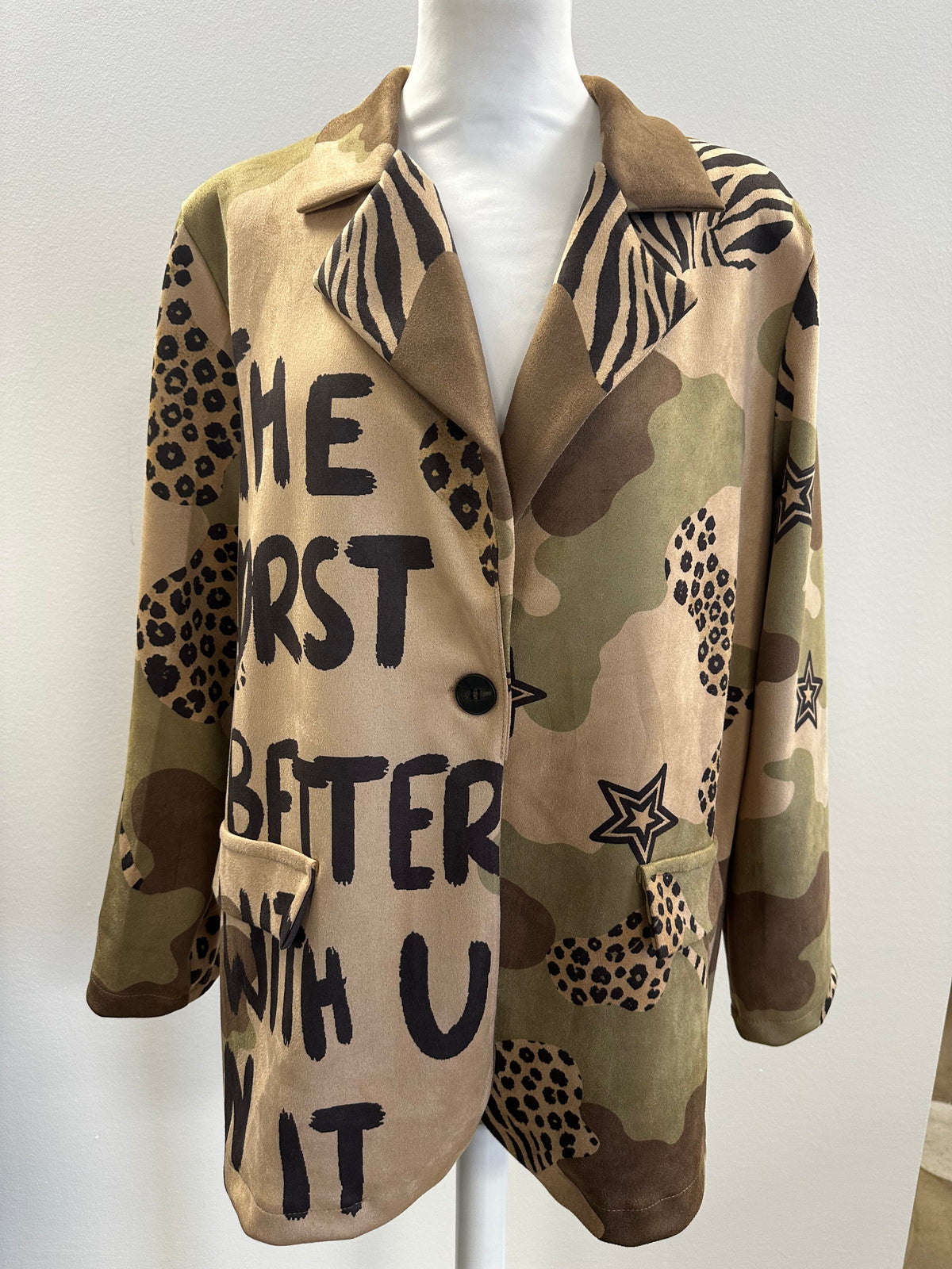 Damen Blazer Design Print beige oliv one size