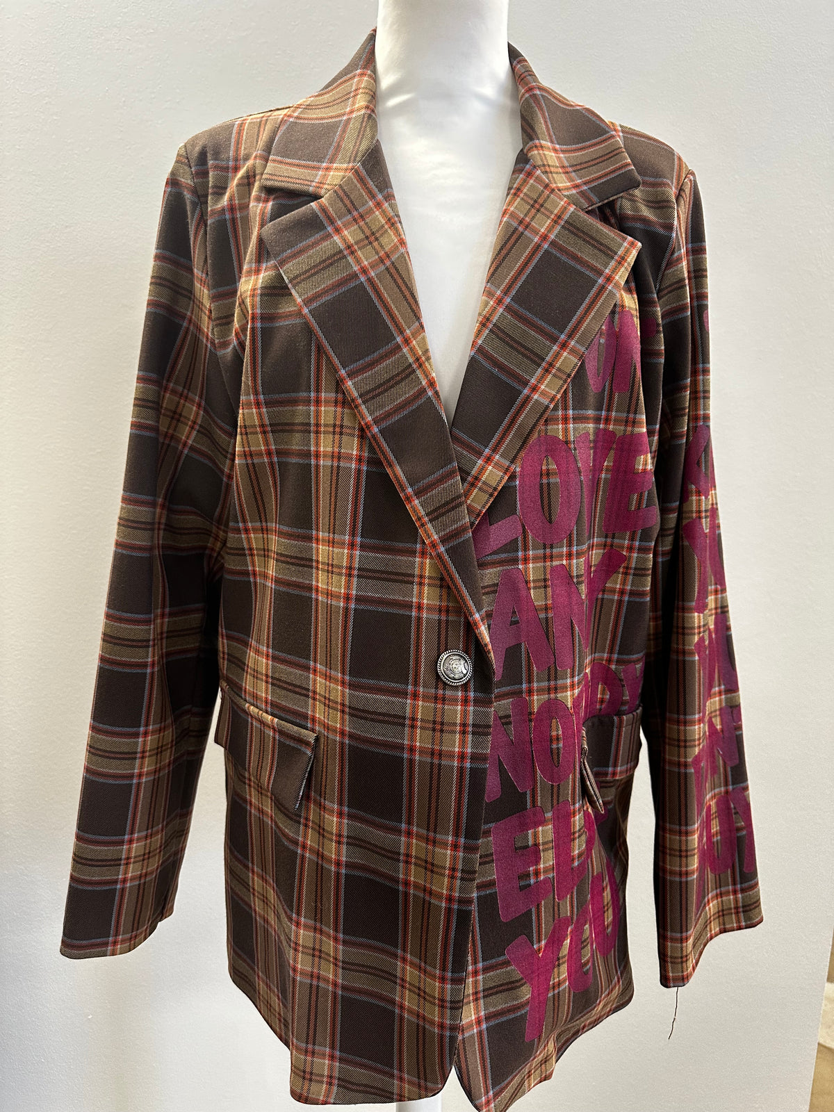 Damen Blazer kariert mit Buchstaben Print braun gemustert one size