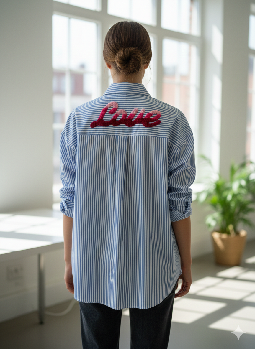 Streifenbluse Made in Italy one size Oversize blau weiß Love Print