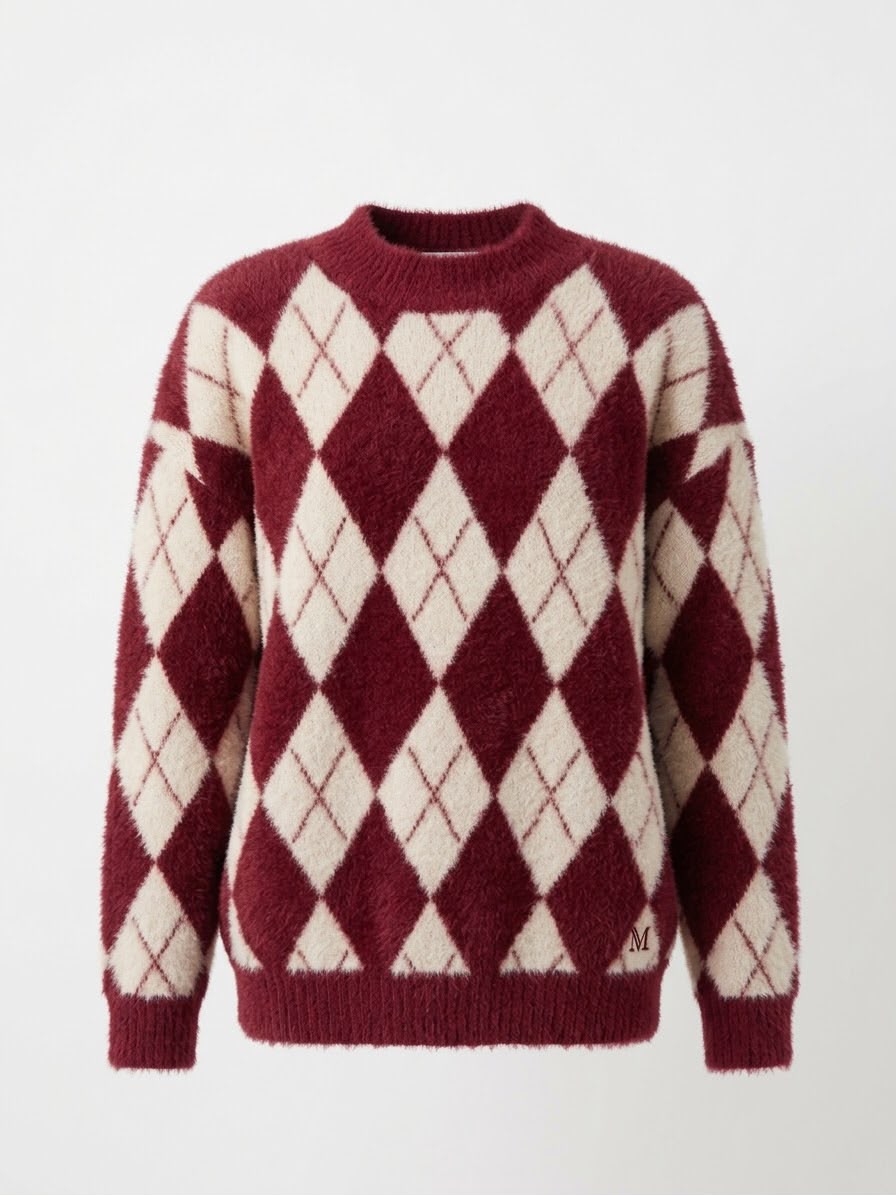 NED Dutch Fashion Design Pullover Beata – Bordeaux mit cremefarbenem Rautenmuster