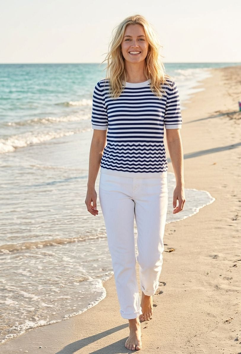 Sommerlicher Kurzarm-Pullover – blau/weiß Leichter Strick trifft auf zeitlosen Stil NED international