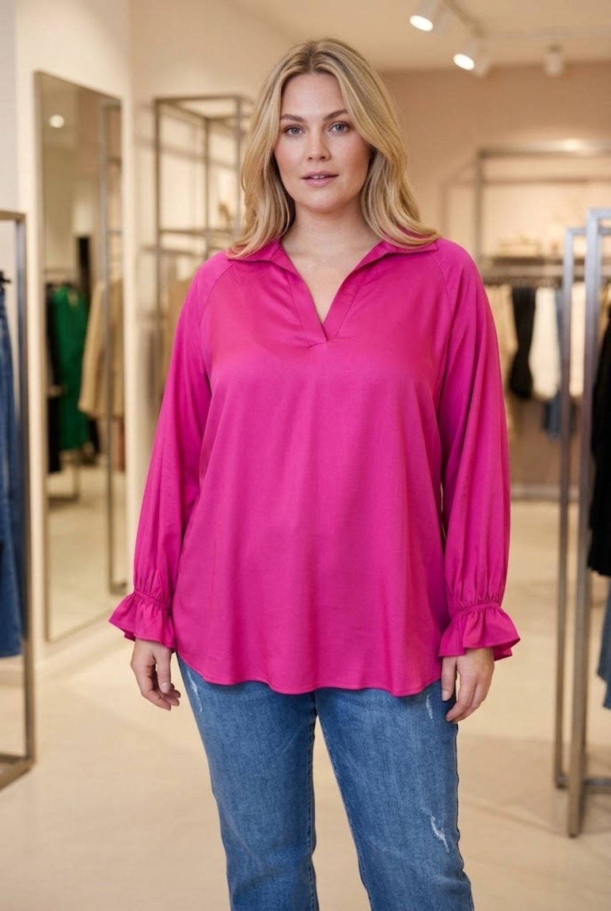 Ophilia Damenbluse in Pink mit Volantärmeln