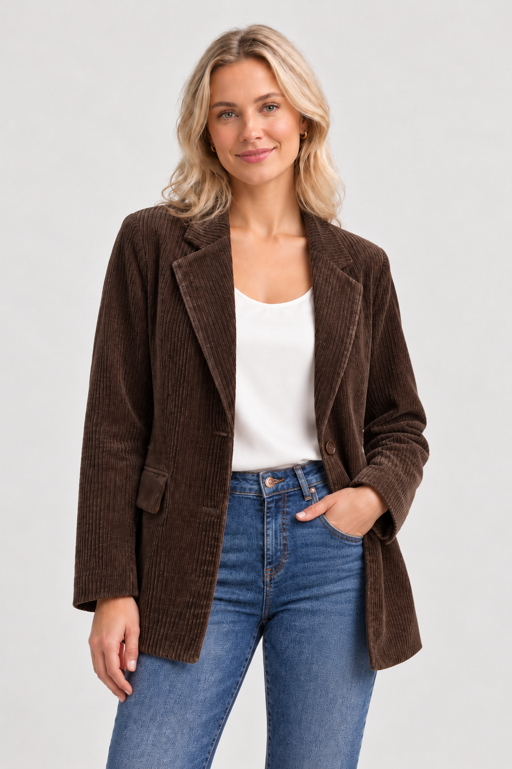Damen-Cordblazer in Braun – Vorderansicht am Model